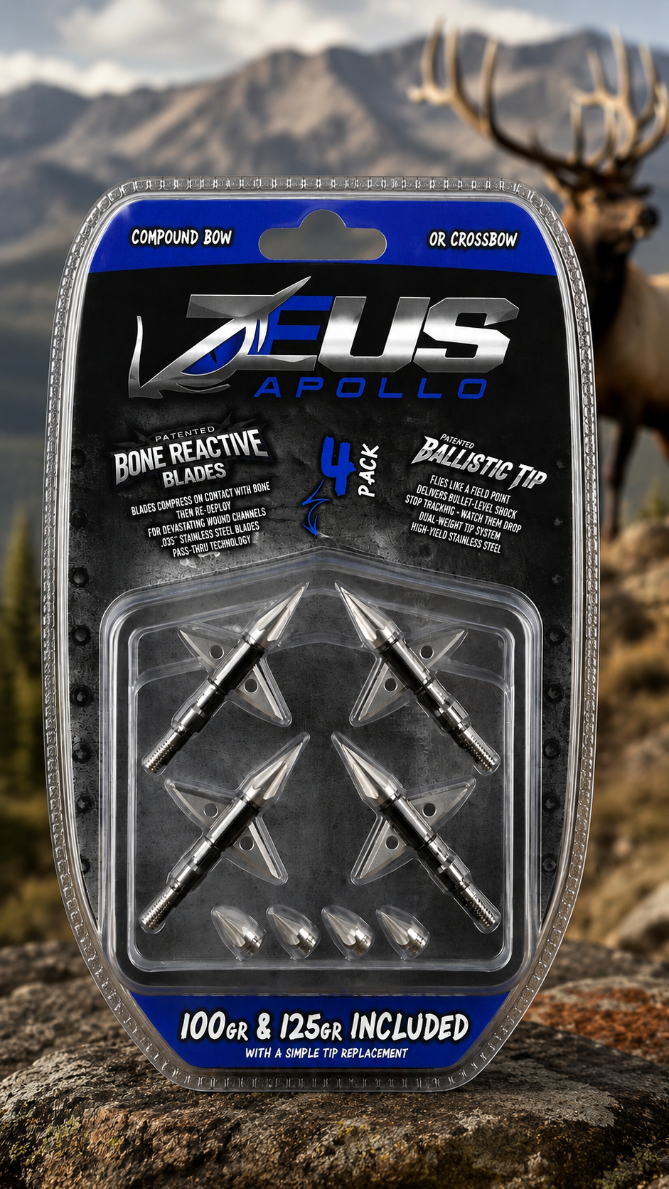 ZEUS APOLLO 100/125 GRAIN BROADHEADS (4 PACK)-PRE ORDER